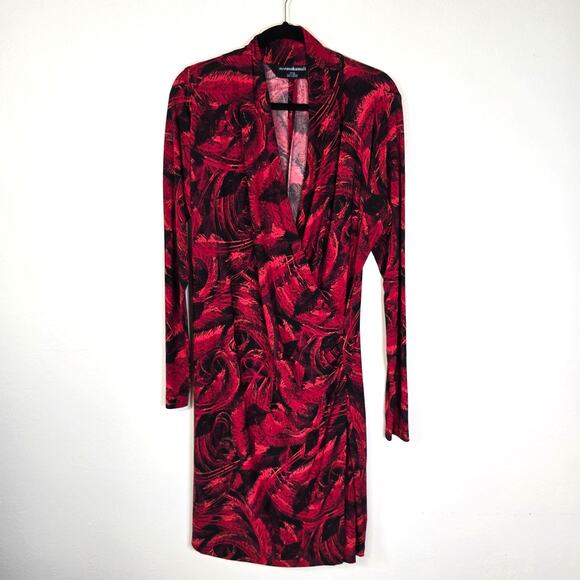 Norma Kamali Faux Wrap Dress Women's XL Red Black Feathers Dark Romantic Elegant - Picture 1 of 12